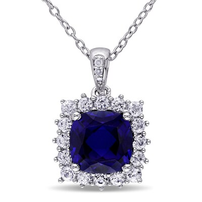 8.0mm Cushion-Cut Lab-Created Blue and White Sapphire and Diamond Accent Frame Pendant in Sterling Silver