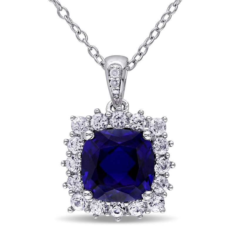 8.0mm Cushion-Cut Lab-Created Blue and White Sapphire and Diamond Accent Frame Pendant in Sterling Silver|Peoples Jewellers