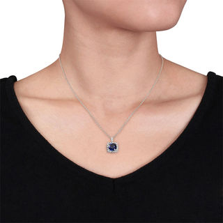 8.0mm Cushion-Cut Lab-Created Blue and White Sapphire and Diamond Accent Frame Pendant in Sterling Silver