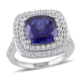 10.0mm Cushion-Cut Lab-Created Blue and White Sapphire Double Frame Ring in Sterling Silver