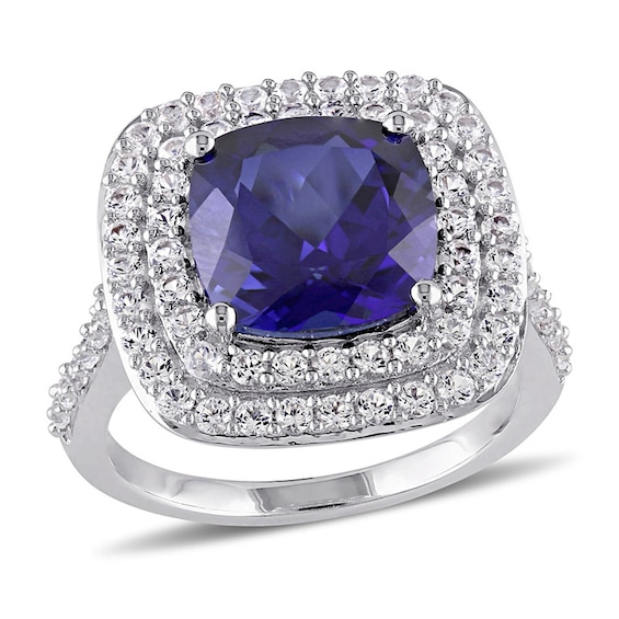 10.0mm Cushion-Cut Lab-Created Blue and White Sapphire Double Frame Ring in Sterling Silver