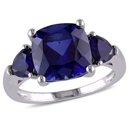 10.0mm Cushion-Cut Lab-Created Blue Sapphire Three Stone Ring in Sterling Silver