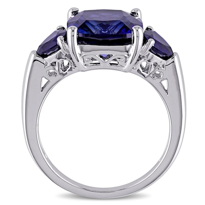 10.0mm Cushion-Cut Lab-Created Blue Sapphire Three Stone Ring in Sterling Silver