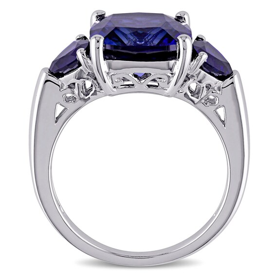 10.0mm Cushion-Cut Lab-Created Blue Sapphire Three Stone Ring in Sterling Silver