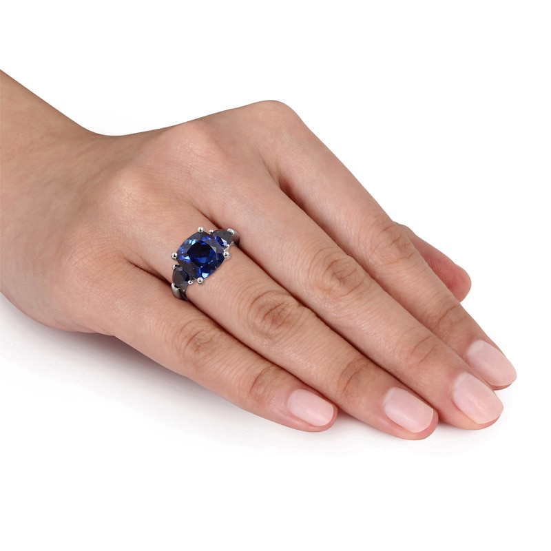 10.0mm Cushion-Cut Lab-Created Blue Sapphire Three Stone Ring in Sterling Silver|Peoples Jewellers