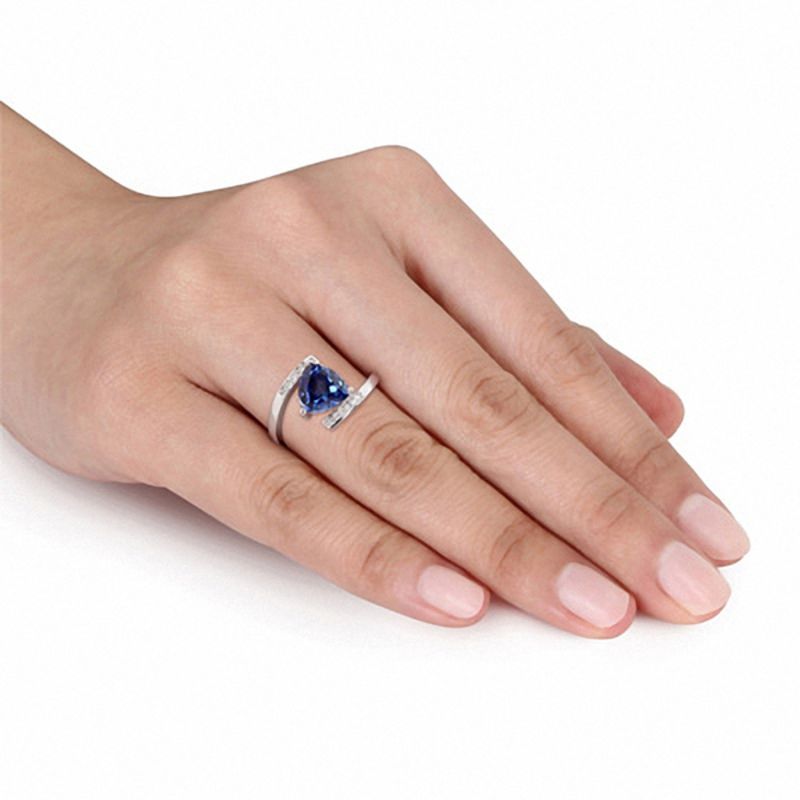 8.0mm Trillion Cut Lab Created Blue Sapphire and Diamond Accent Bypass Ring in Sterling Silver