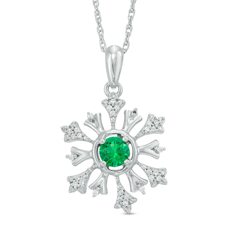 4.5mm Lab-Created Emerald and 0.09 CT. T.W. Diamond Snowflake Pendant in Sterling Silver|Peoples Jewellers