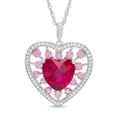 9.0mm Lab-Created Ruby with Pink and White Sapphire Heart Pendant in Sterling Silver