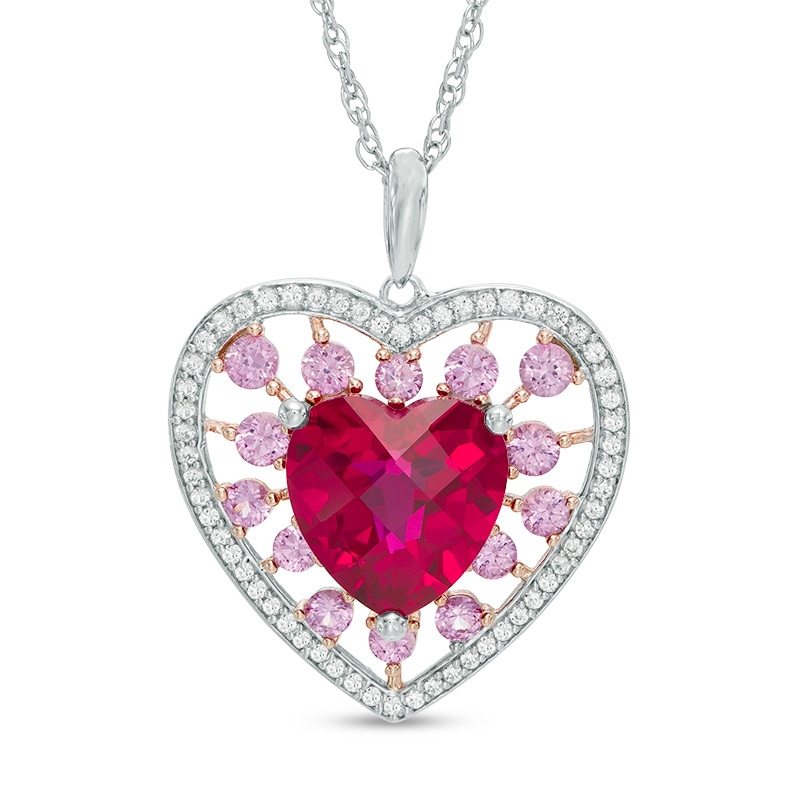 9.0mm Lab-Created Ruby with Pink and White Sapphire Heart Pendant in Sterling Silver|Peoples Jewellers