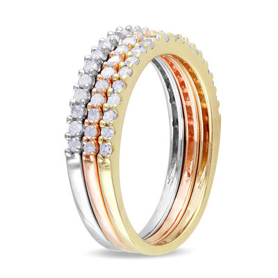 0.60 CT. T.W. Diamond Stackable Three Band Set in Sterling Silver with Two-Tone Rhodium Plating