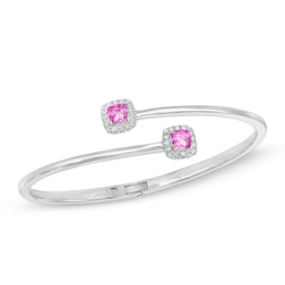 5.0mm Cushion-Cut Lab-Created and White Sapphire Frame Hinged Bangle in Sterling Silver