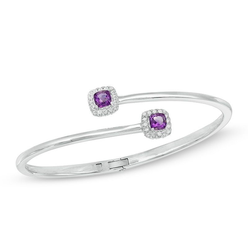 5.0mm Cushion-Cut Amethyst and Lab-Created White Sapphire Frame Hinged Bangle in Sterling Silver