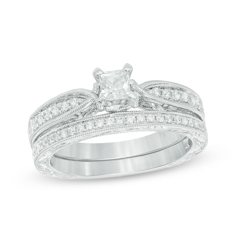 0.45 CT. T.W. Princess-Cut Diamond Vintage-Style Bridal Set in 10K White Gold
