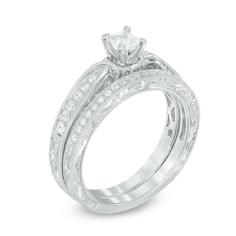 0.45 CT. T.W. Princess-Cut Diamond Vintage-Style Bridal Set in 10K White Gold
