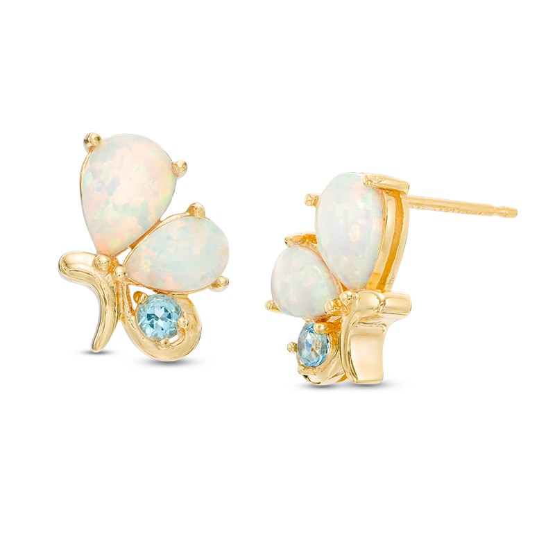 Pear-Shaped Lab-Created Opal and Swiss Blue Topaz Butterfly Stud Earrings in Sterling Silver with 18K Gold Plate