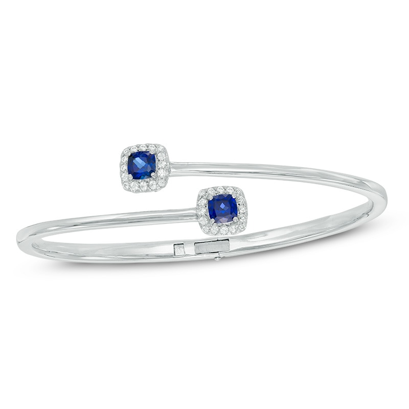 Main Image 1 of 5.0mm Cushion-Cut Lab-Created Blue and White Sapphire Frame Hinged Bangle in Sterling Silver