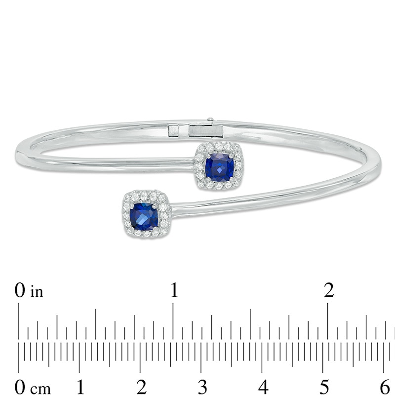 Main Image 2 of 5.0mm Cushion-Cut Lab-Created Blue and White Sapphire Frame Hinged Bangle in Sterling Silver