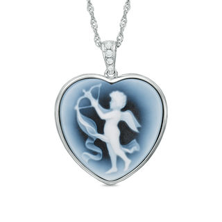 18.0mm Heart-Shaped Agate and Lab-Created White Sapphire Cupid Cameo Pendant in Sterling Silver