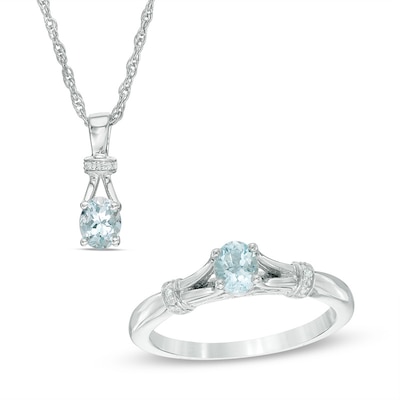 Oval Aquamarine and Diamond Accent Collar Pendant and Ring Set in Sterling Silver - Size 7