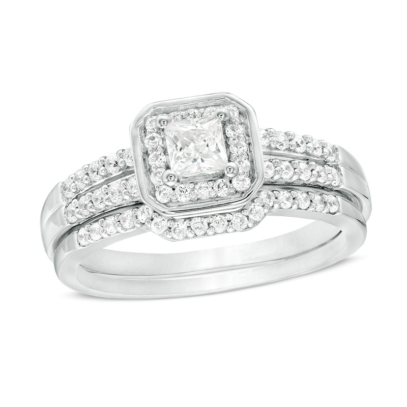 0.45 CT. T.W. Princess-Cut Diamond Cushion Frame Bridal Set in Sterling Silver|Peoples Jewellers