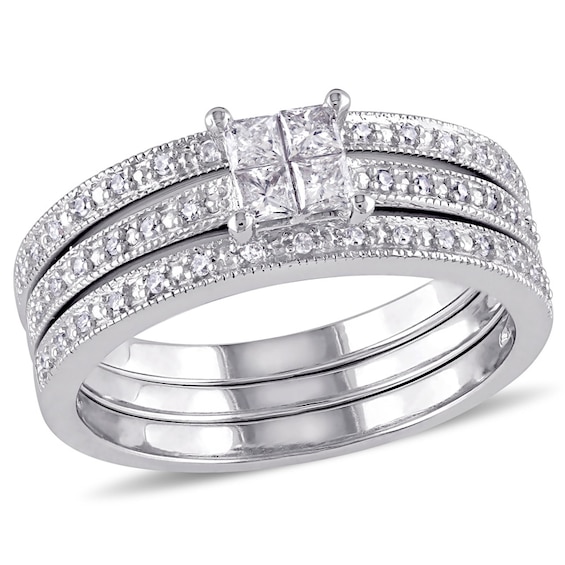 0.37 CT. T.W. Quad Princess-Cut Diamond Milgrain Three Piece Bridal Set in 10K White Gold