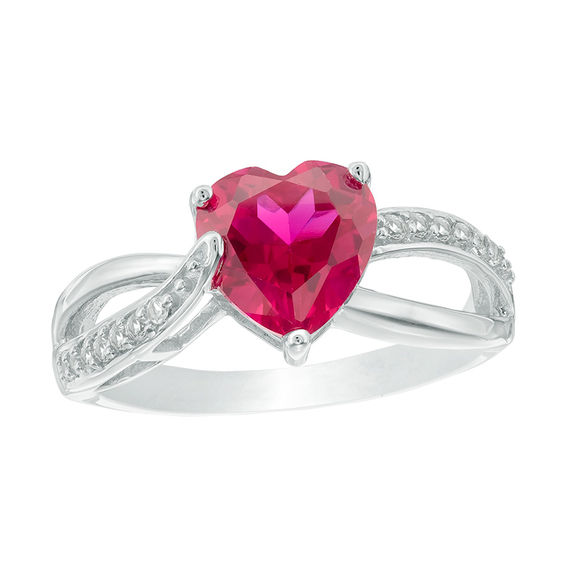 8.0mm Heart-Shaped Lab-Created Ruby and White Sapphire Split Shank Ring in Sterling Silver