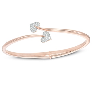 Lab-Created White Sapphire Double Heart Hinged Bangle in Sterling Silver with 18K Rose Gold Plate