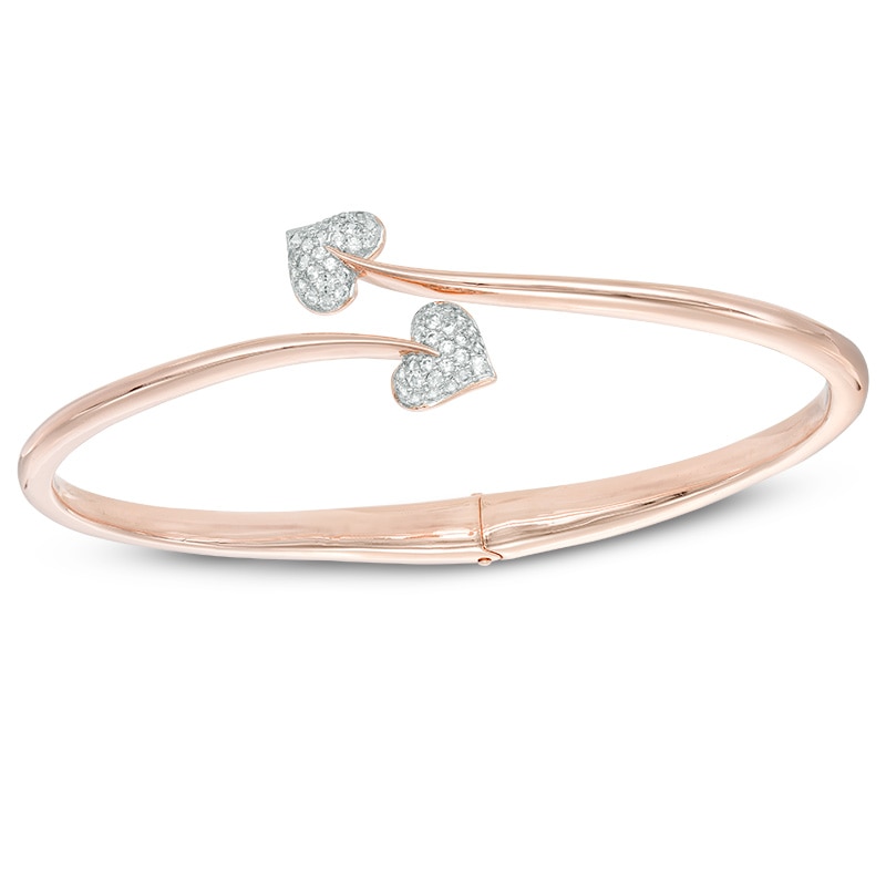 Lab-Created White Sapphire Double Heart Hinged Bangle in Sterling Silver with 18K Rose Gold Plate