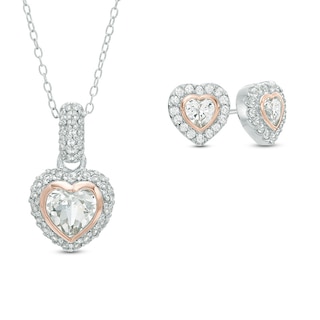 Heart-Shaped Lab-Created White Sapphire Frame Pendant and Earrings Set in Sterling Silver and 18K Rose Gold Plate