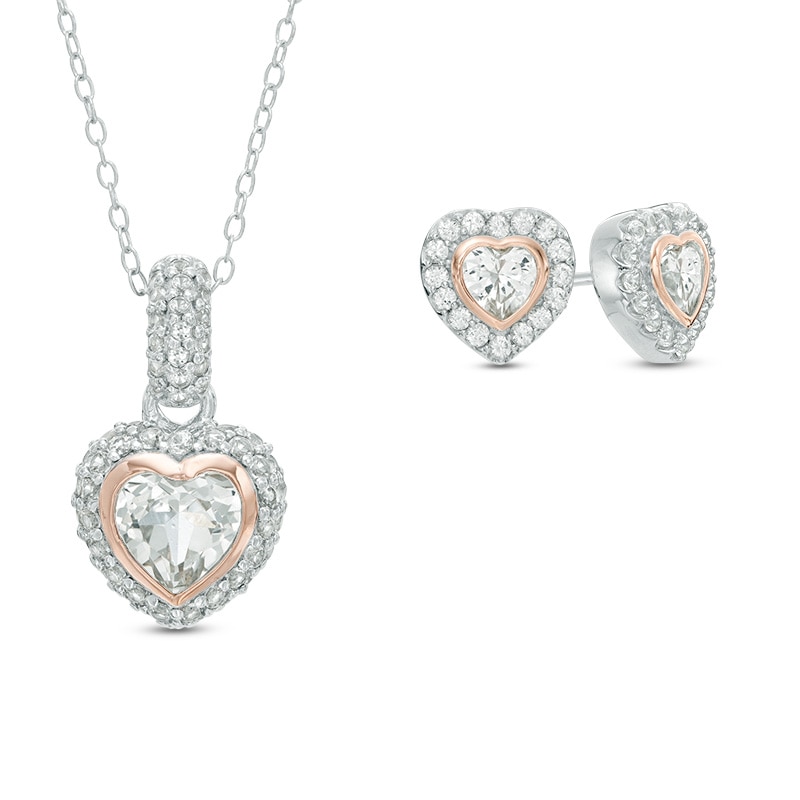 Heart-Shaped Lab-Created White Sapphire Frame Pendant and Earrings Set in Sterling Silver and 18K Rose Gold Plate|Peoples Jewellers