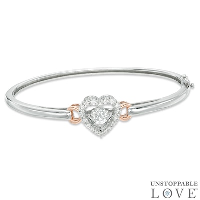 Unstoppable Love™ 6.0mm Lab-Created White Sapphire Heart Frame Bangle in Sterling Silver and 14K Rose Gold Plate