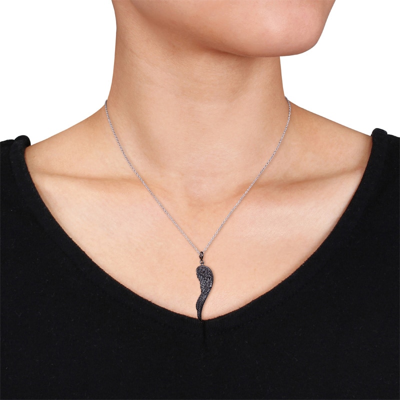 Black Diamond Accent Wing Pendant in Sterling Silver