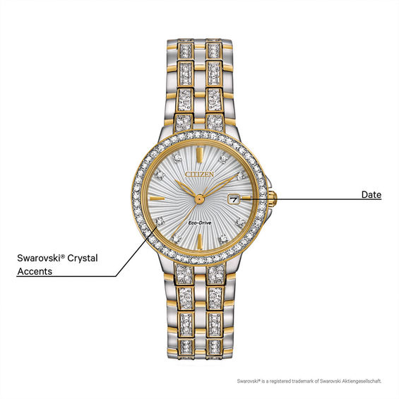 Ladies' Citizen Eco-Drive® Silhouette Crystal Two-Tone Watch with White Dial (Model: EW2344-57A)