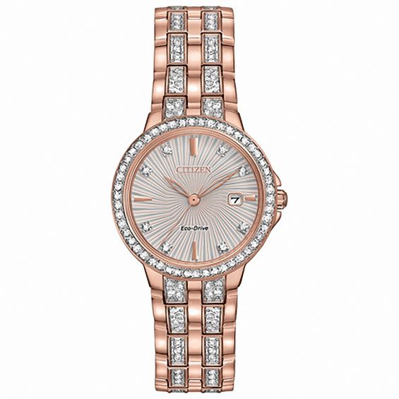 Ladies' Citizen Eco-Drive® Silhouette Crystal Rose-Tone Watch With Silver-Tone Dial (Model: EW2348-56A)