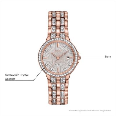 Ladies' Citizen Eco-Drive® Silhouette Crystal Rose-Tone Watch With Silver-Tone Dial (Model: EW2348-56A)