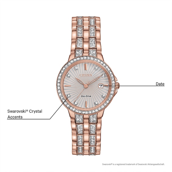 Ladies' Citizen Eco-Drive® Silhouette Crystal Rose-Tone Watch With Silver-Tone Dial (Model: EW2348-56A)