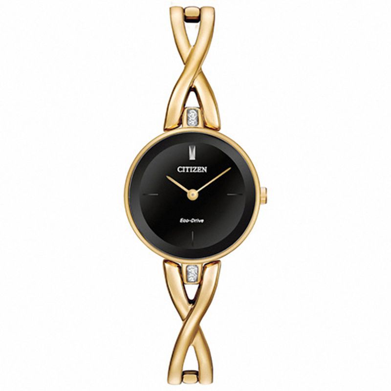 Ladies' Citizen Eco-Drive® Silhouette Crystal Gold-Tone Bangle Watch With Black Dial (Model: EX1422-54E)