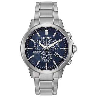 Men's Citizen Eco-Drive® TI + IP Titanium Chronograph Watch with Dark Blue Dial (Model: AT2340-56L)