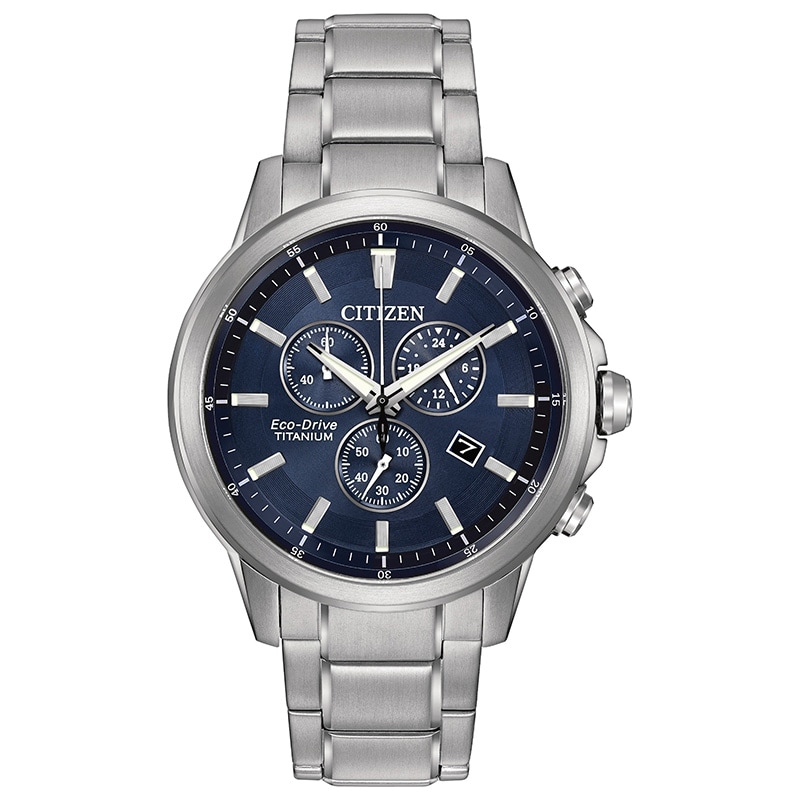 Men's Citizen Eco-Drive® TI + IP Titanium Chronograph Watch with Dark Blue Dial (Model: AT2340-56L)