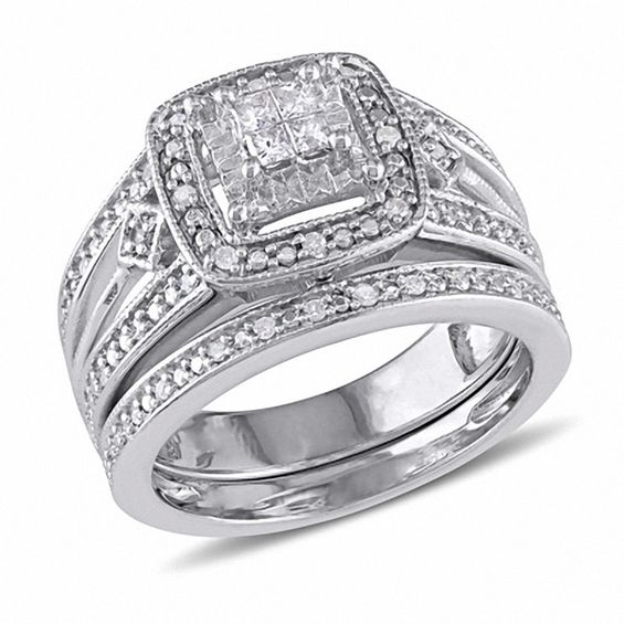 0.24 CT. T.W. Quad Princess-Cut Diamond Layered Frame Split Shank Vintage-Style Bridal Set in Sterling Silver