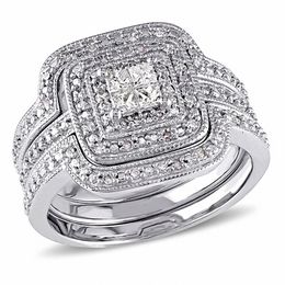 0.36 CT. T.W. Quad Princess-Cut Diamond Layered Frame Vintage-Style Three Piece Bridal Set in Sterling Silver