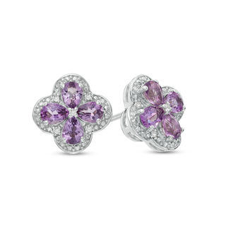 Pear-Shaped Amethyst and Lab-Created White Sapphire Clover Stud Earrings in Sterling Silver