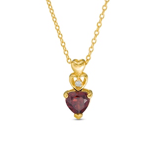 6.0mm Heart-Shaped Garnet and Diamond Accent Linear Triple Heart Pendant in 10K Gold