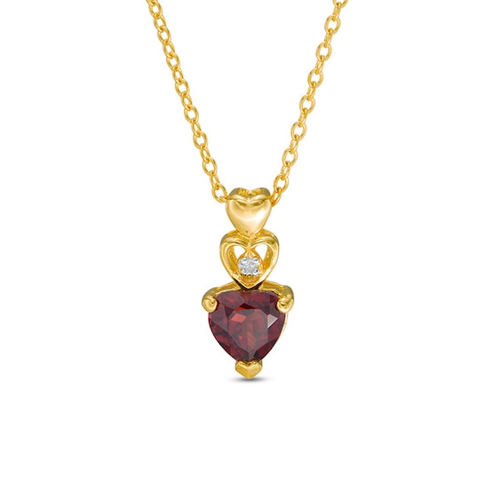 6.0mm Heart-Shaped Garnet and Diamond Accent Linear Triple Heart Pendant in 10K Gold