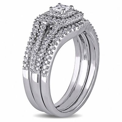 0.49 CT. T.W. Composite Diamond Layered Frame Three Piece Bridal Set in Sterling Silver