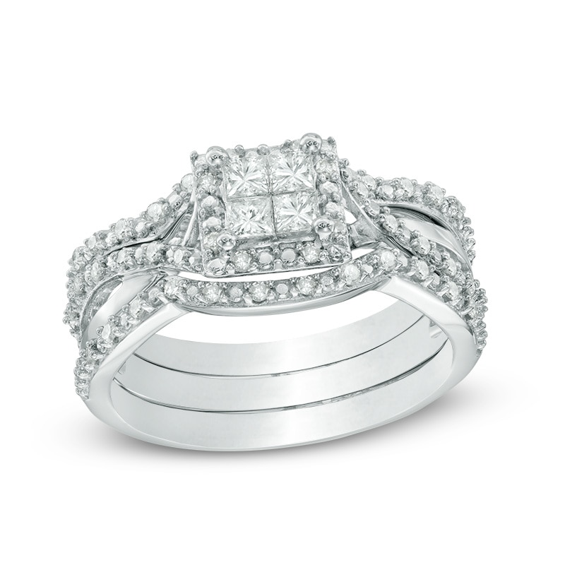 0.50 CT. T.W. Quad Princess-Cut Diamond Twist Shank Three Piece Bridal Set in Sterling Silver|Peoples Jewellers