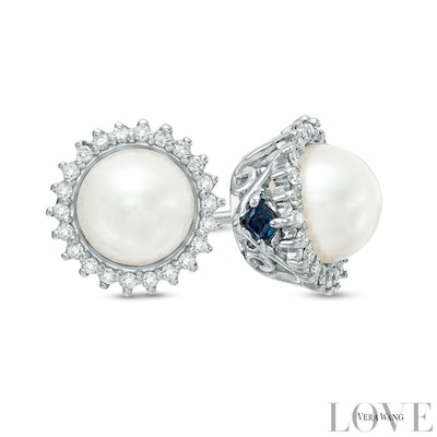 Vera Wang Love Collection Akoya Cultured Pearl and 0.13 CT. T.W. Diamond Star Frame Stud Earrings in 14K White Gold