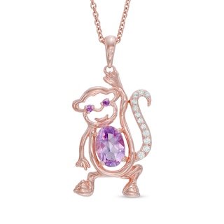 Oval Rose de France Amethyst and Lab-Created White Sapphire Monkey Pendant in Sterling Silver with 14K Rose Gold Plate