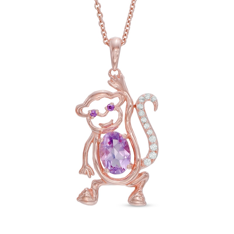 Oval Rose de France Amethyst and Lab-Created White Sapphire Monkey Pendant in Sterling Silver with 14K Rose Gold Plate|Peoples Jewellers