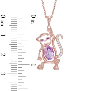 Oval Rose de France Amethyst and Lab-Created White Sapphire Monkey Pendant in Sterling Silver with 14K Rose Gold Plate